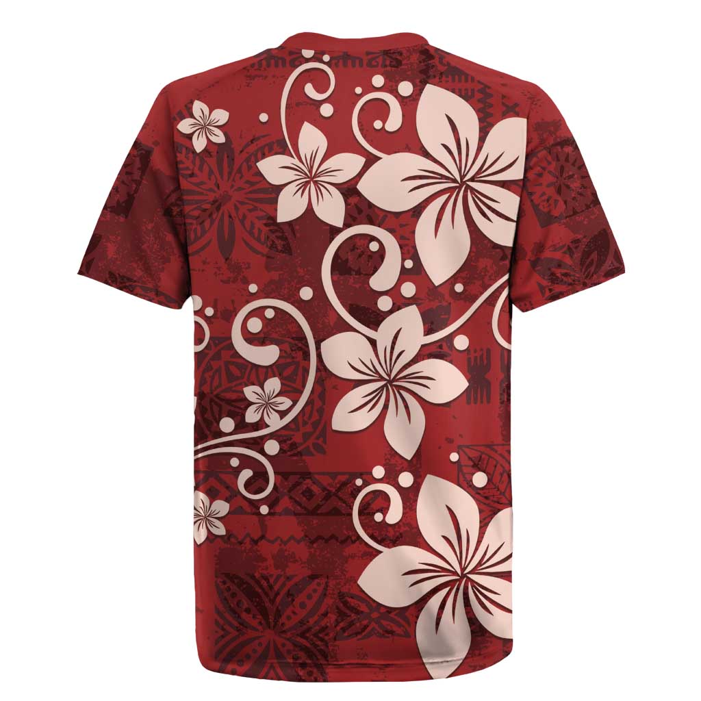 Plumeria Floral Tapa Pattern Oxblood Red Rugby Jersey
