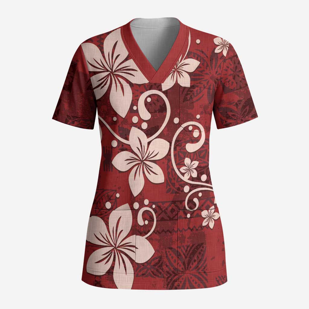 Plumeria Floral Tapa Pattern Oxblood Red Scrub Top LT01 Adult Red - Polynesian Pride