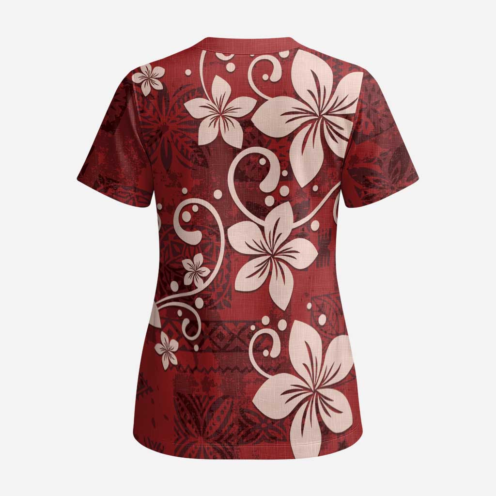 Plumeria Floral Tapa Pattern Oxblood Red Scrub Top LT01 - Polynesian Pride
