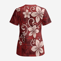 Plumeria Floral Tapa Pattern Oxblood Red Scrub Top LT01 - Polynesian Pride