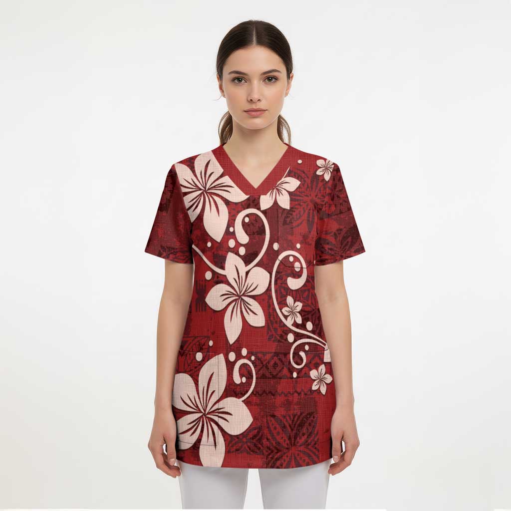 Plumeria Floral Tapa Pattern Oxblood Red Scrub Top LT01 - Polynesian Pride