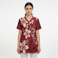Plumeria Floral Tapa Pattern Oxblood Red Scrub Top LT01 - Polynesian Pride