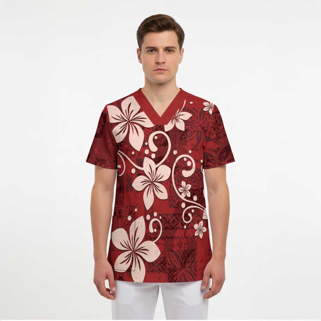 Plumeria Floral Tapa Pattern Oxblood Red Scrub Top LT01 - Polynesian Pride