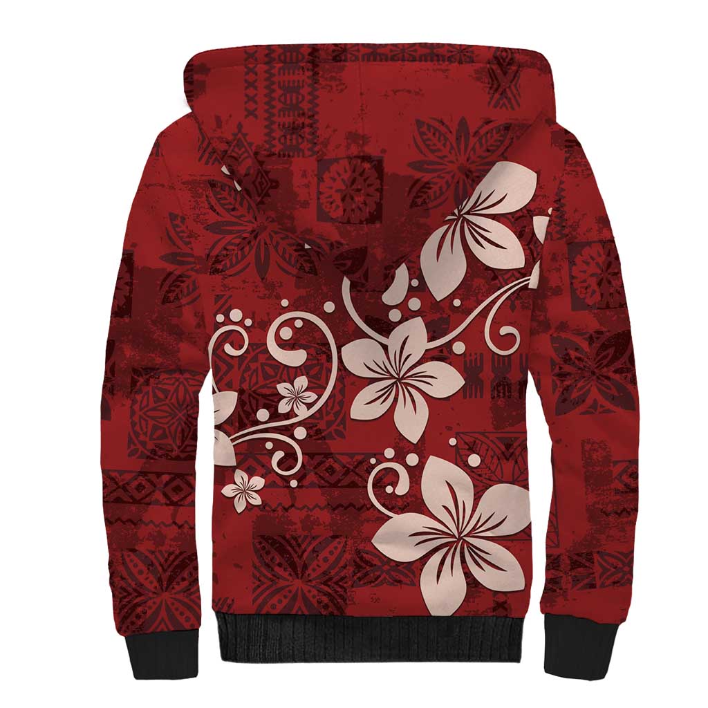 Plumeria Floral Tapa Pattern Oxblood Red Sherpa Hoodie