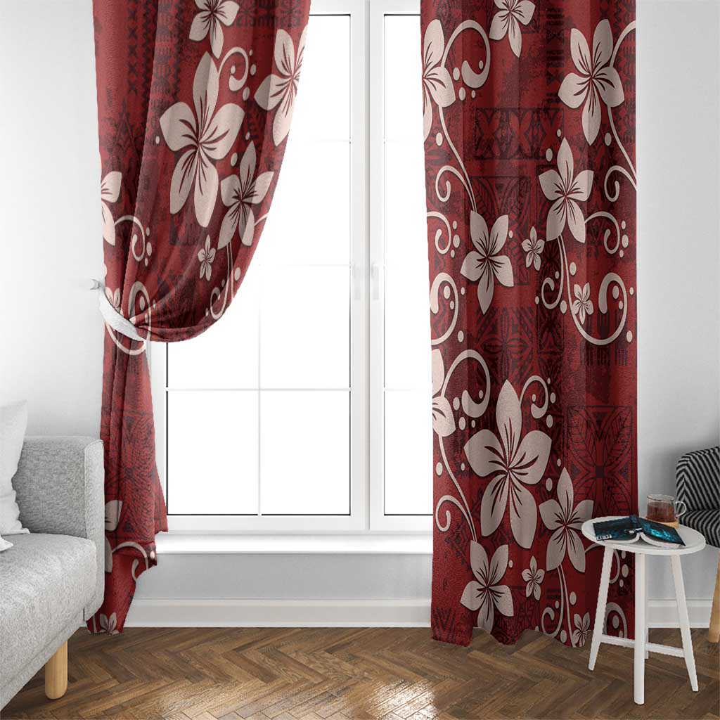 Plumeria Floral Tapa Pattern Oxblood Red Window Curtain