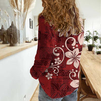 Plumeria Floral Tapa Pattern Oxblood Red Women Casual Shirt LT01 - Polynesian Pride