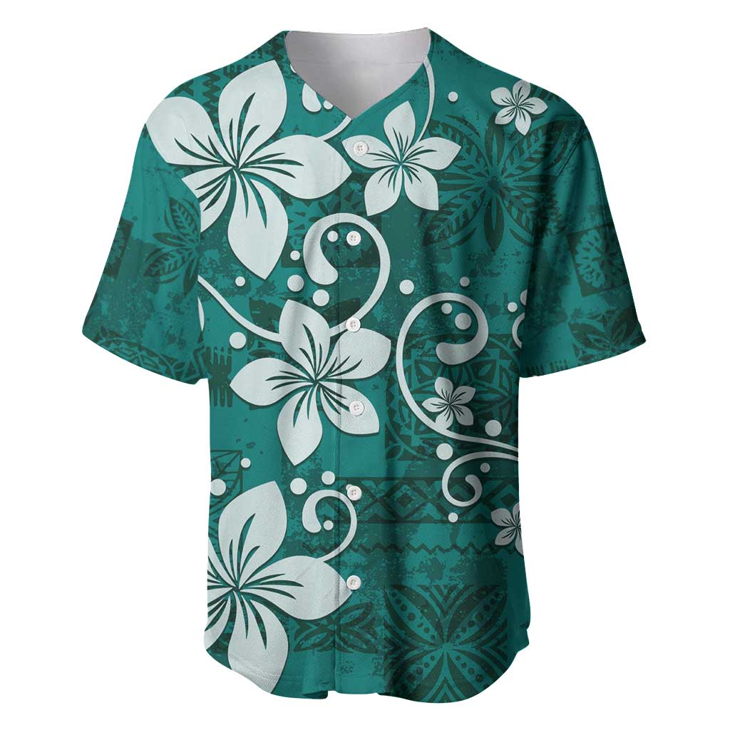 Plumeria Floral Tapa Pattern Crystal Teal Baseball Jersey LT01 Teal - Polynesian Pride