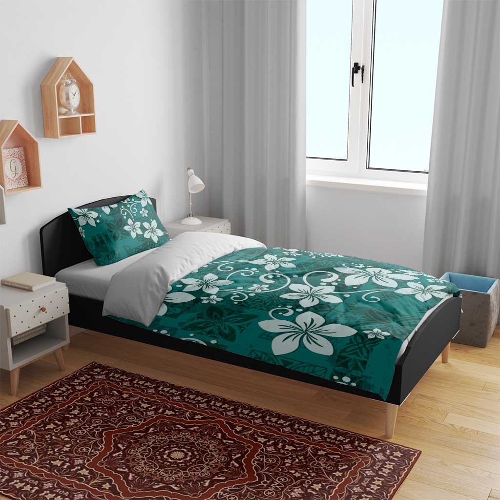 Plumeria Floral Tapa Pattern Crystal Teal Bedding Set