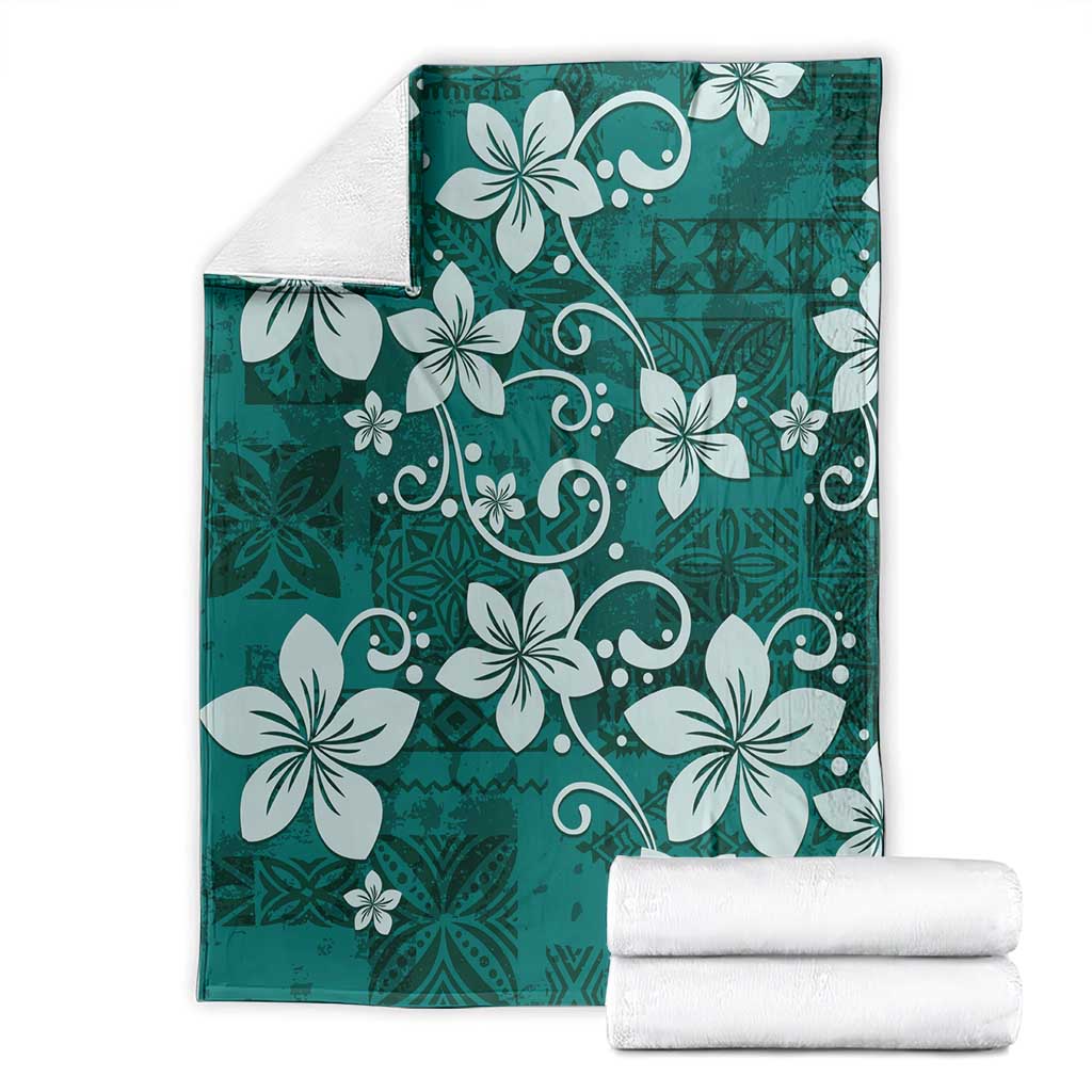 Plumeria Floral Tapa Pattern Crystal Teal Blanket