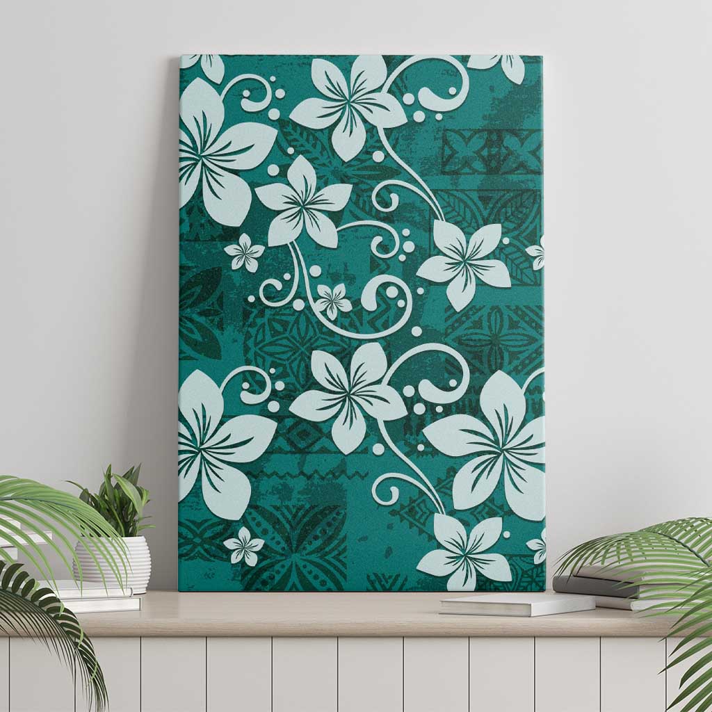 Plumeria Floral Tapa Pattern Crystal Teal Canvas Wall Art