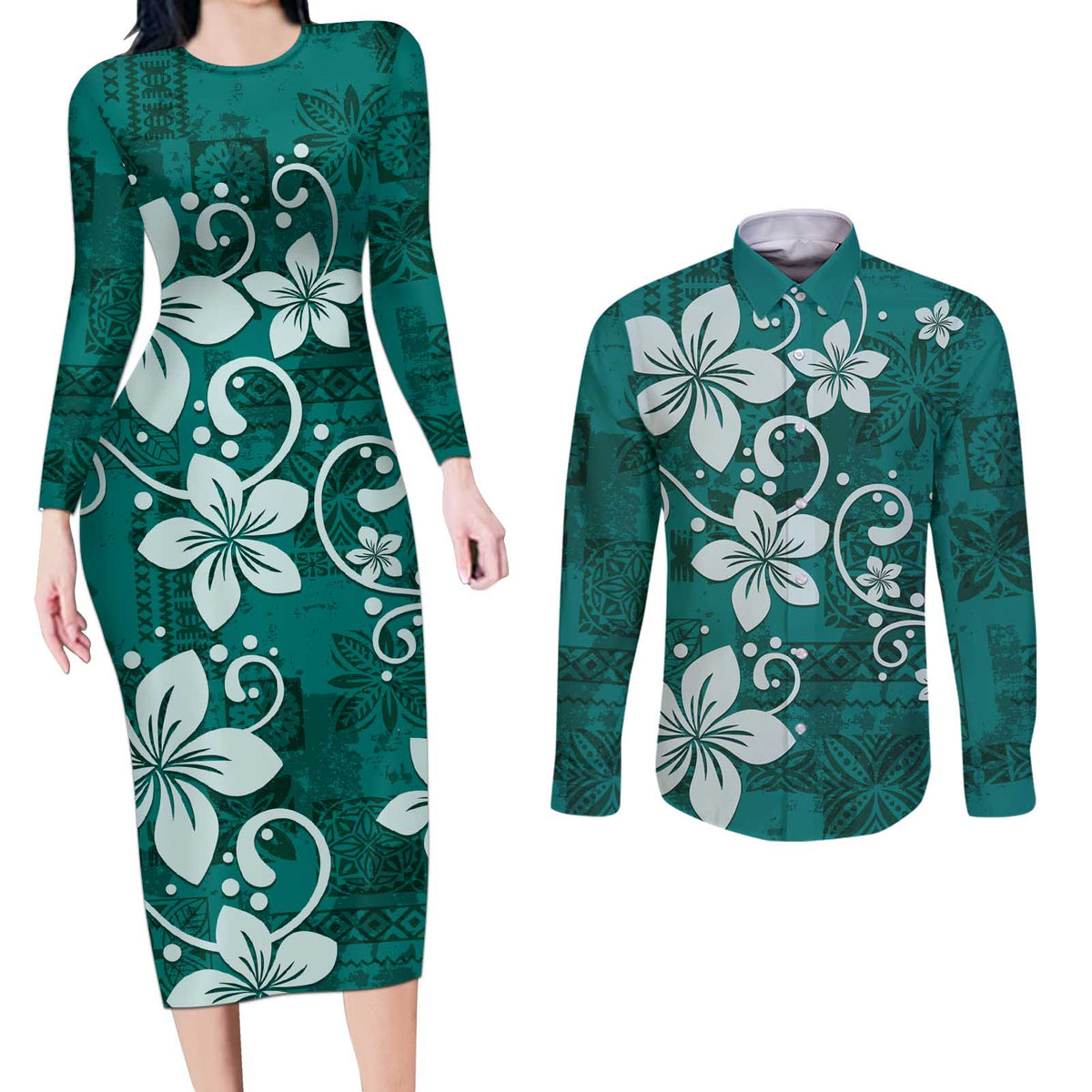 Plumeria Floral Tapa Pattern Crystal Teal Couples Matching Long Sleeve Bodycon Dress and Long Sleeve Button Shirt