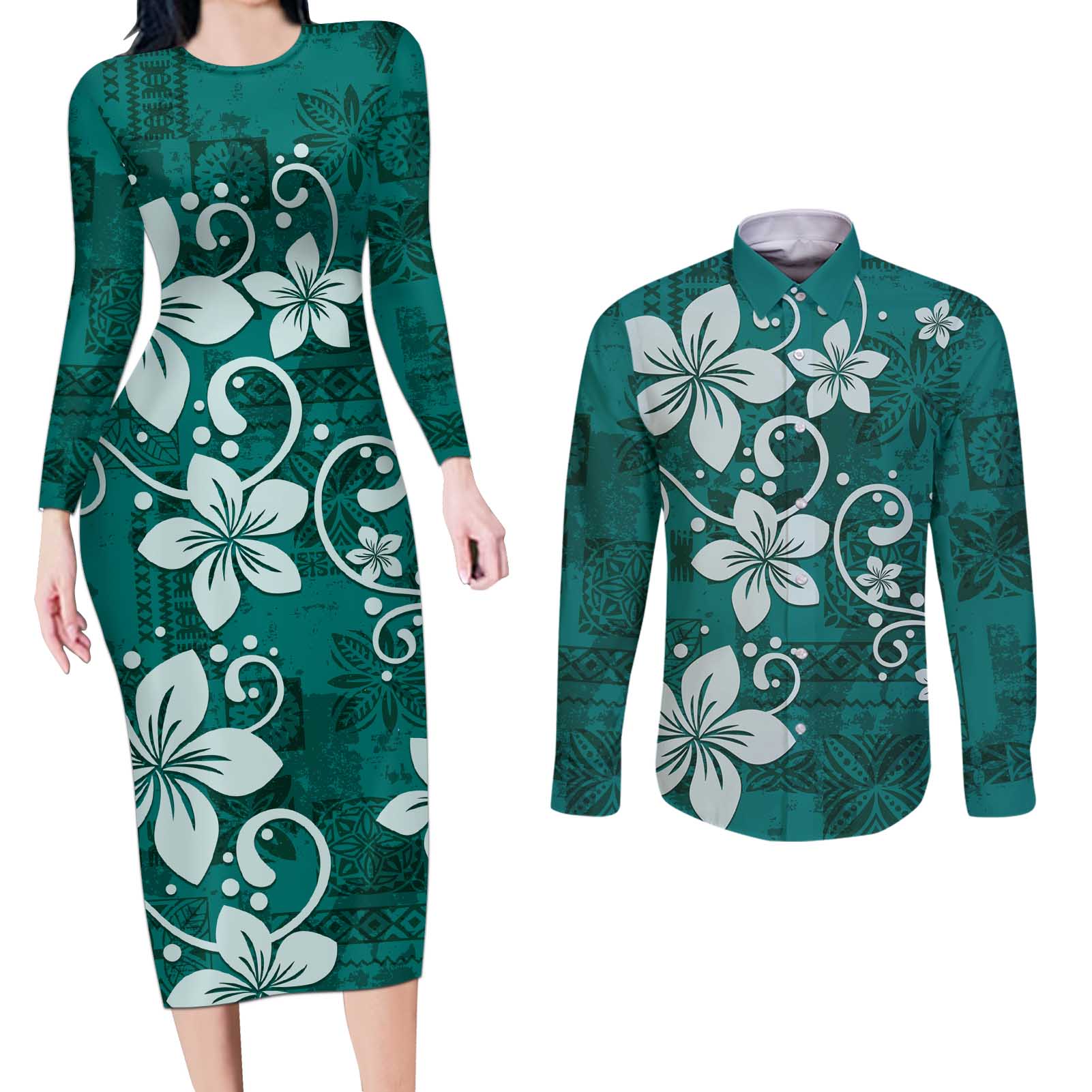 Plumeria Floral Tapa Pattern Crystal Teal Couples Matching Long Sleeve Bodycon Dress and Long Sleeve Button Shirt