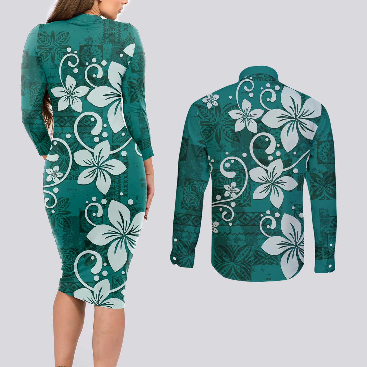 Plumeria Floral Tapa Pattern Crystal Teal Couples Matching Long Sleeve Bodycon Dress and Long Sleeve Button Shirt