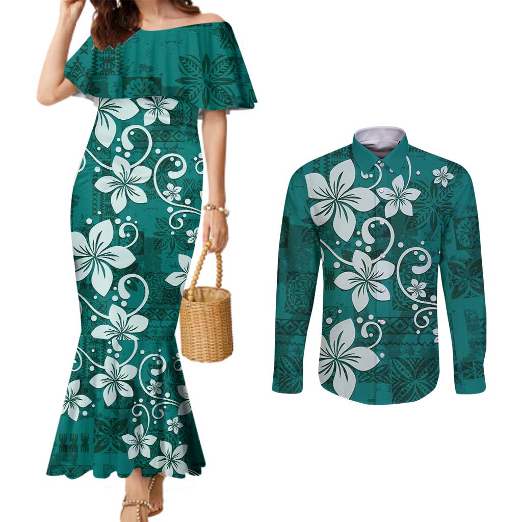 Plumeria Floral Tapa Pattern Crystal Teal Couples Matching Mermaid Dress and Long Sleeve Button Shirt