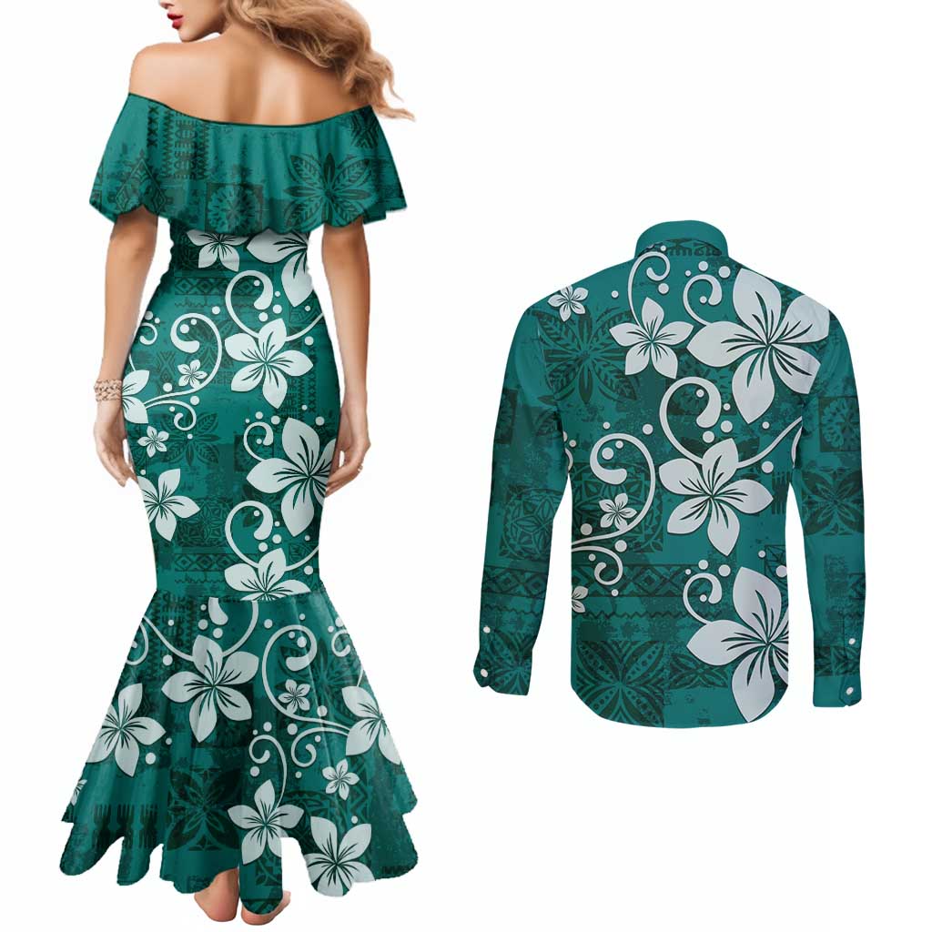 Plumeria Floral Tapa Pattern Crystal Teal Couples Matching Mermaid Dress and Long Sleeve Button Shirt