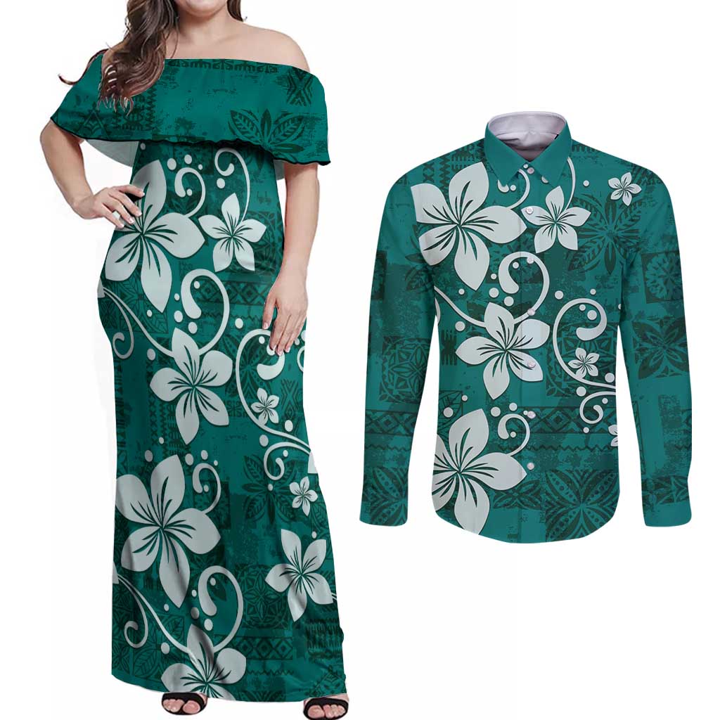 Plumeria Floral Tapa Pattern Crystal Teal Couples Matching Off Shoulder Maxi Dress and Long Sleeve Button Shirt