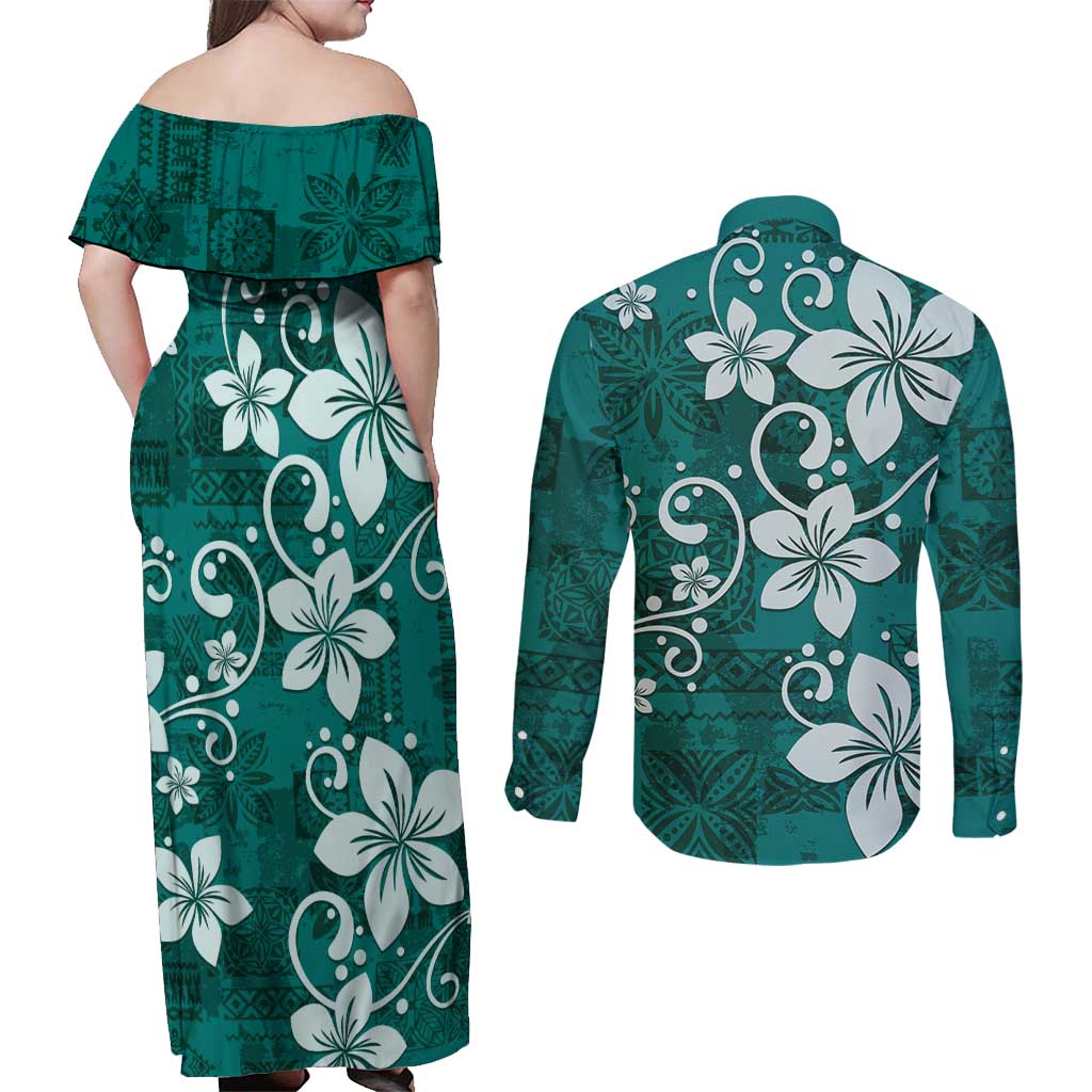 Plumeria Floral Tapa Pattern Crystal Teal Couples Matching Off Shoulder Maxi Dress and Long Sleeve Button Shirt