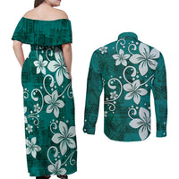 Plumeria Floral Tapa Pattern Crystal Teal Couples Matching Off Shoulder Maxi Dress and Long Sleeve Button Shirt
