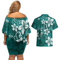 Plumeria Floral Tapa Pattern Crystal Teal Couples Matching Off Shoulder Short Dress and Hawaiian Shirt