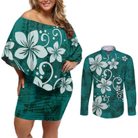 Plumeria Floral Tapa Pattern Crystal Teal Couples Matching Off Shoulder Short Dress and Long Sleeve Button Shirt