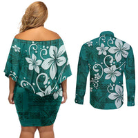 Plumeria Floral Tapa Pattern Crystal Teal Couples Matching Off Shoulder Short Dress and Long Sleeve Button Shirt