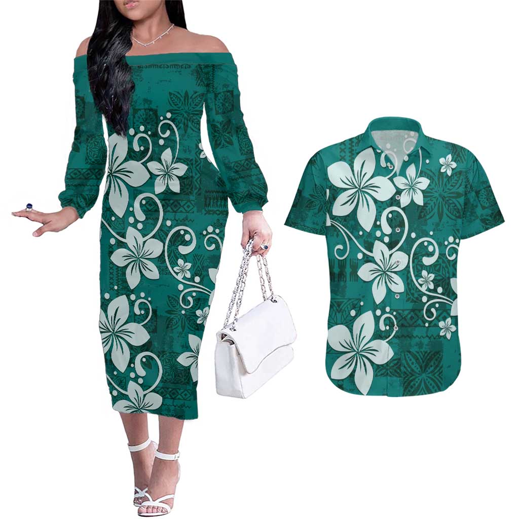 Plumeria Floral Tapa Pattern Crystal Teal Couples Matching Off The Shoulder Long Sleeve Dress and Hawaiian Shirt