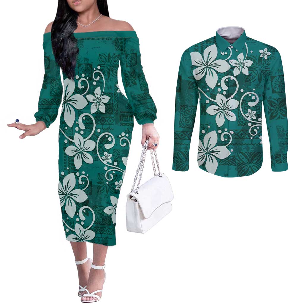 Plumeria Floral Tapa Pattern Crystal Teal Couples Matching Off The Shoulder Long Sleeve Dress and Long Sleeve Button Shirt