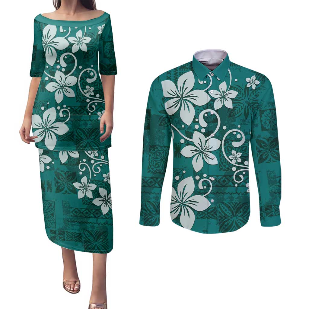 Plumeria Floral Tapa Pattern Crystal Teal Couples Matching Puletasi and Long Sleeve Button Shirt