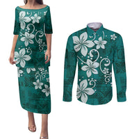 Plumeria Floral Tapa Pattern Crystal Teal Couples Matching Puletasi and Long Sleeve Button Shirt