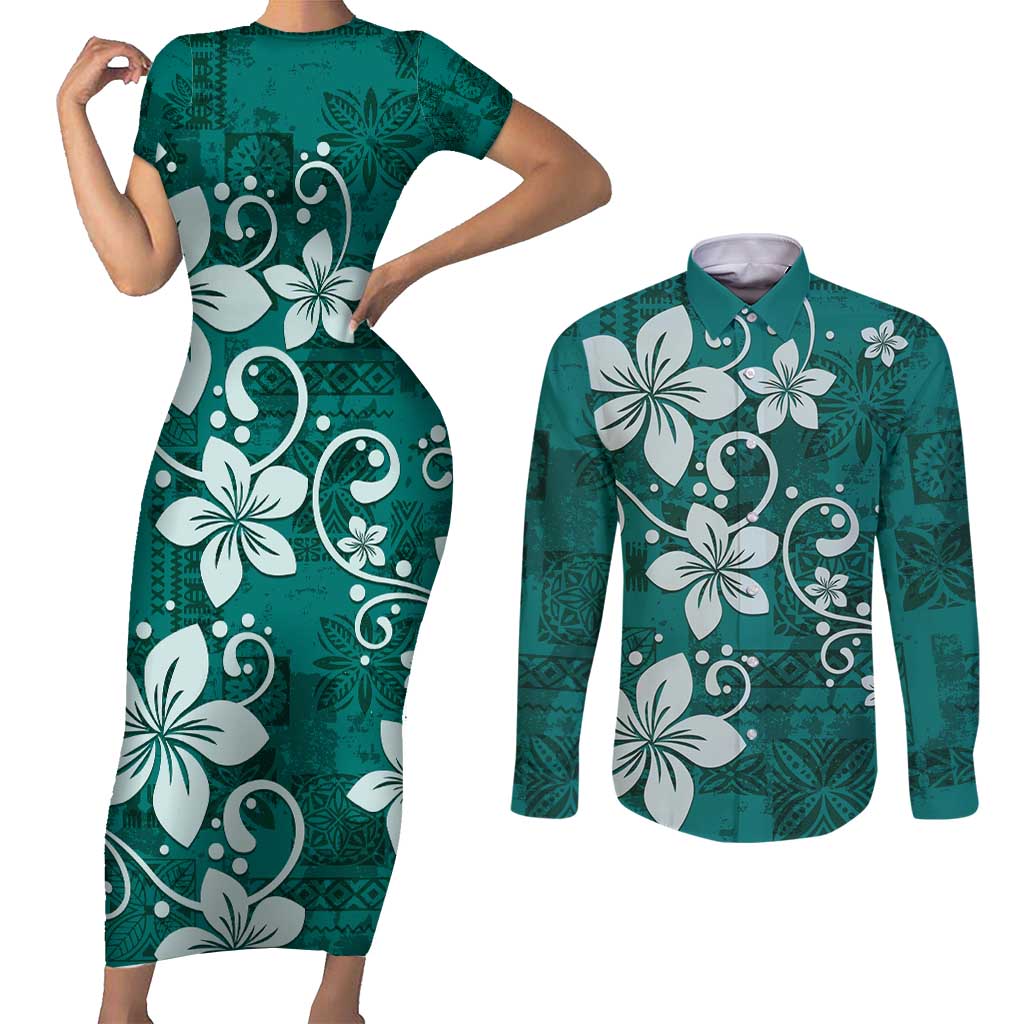 Plumeria Floral Tapa Pattern Crystal Teal Couples Matching Short Sleeve Bodycon Dress and Long Sleeve Button Shirt