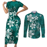 Plumeria Floral Tapa Pattern Crystal Teal Couples Matching Short Sleeve Bodycon Dress and Long Sleeve Button Shirt