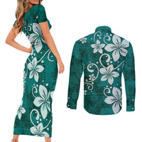 Plumeria Floral Tapa Pattern Crystal Teal Couples Matching Short Sleeve Bodycon Dress and Long Sleeve Button Shirt
