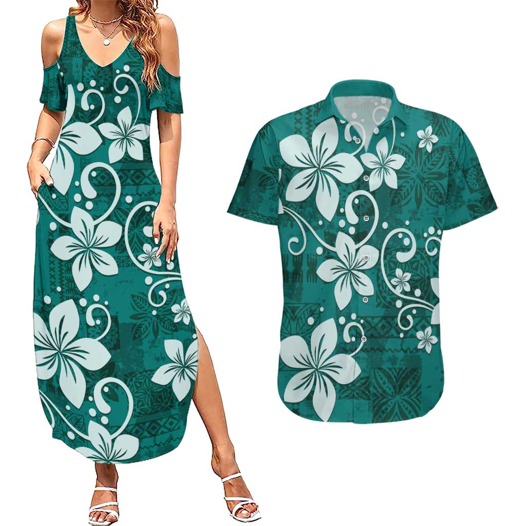 Plumeria Floral Tapa Pattern Crystal Teal Couples Matching Summer Maxi Dress and Hawaiian Shirt