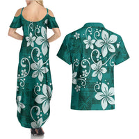 Plumeria Floral Tapa Pattern Crystal Teal Couples Matching Summer Maxi Dress and Hawaiian Shirt