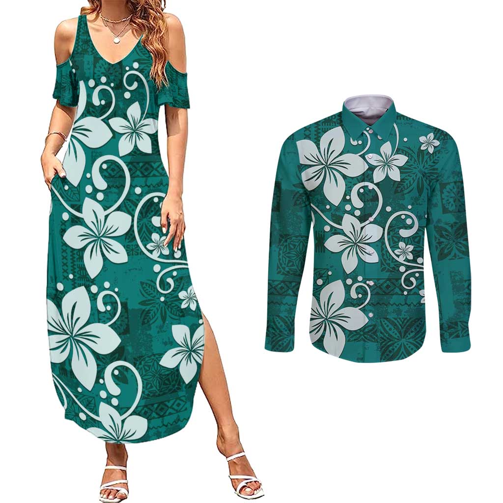 Plumeria Floral Tapa Pattern Crystal Teal Couples Matching Summer Maxi Dress and Long Sleeve Button Shirt