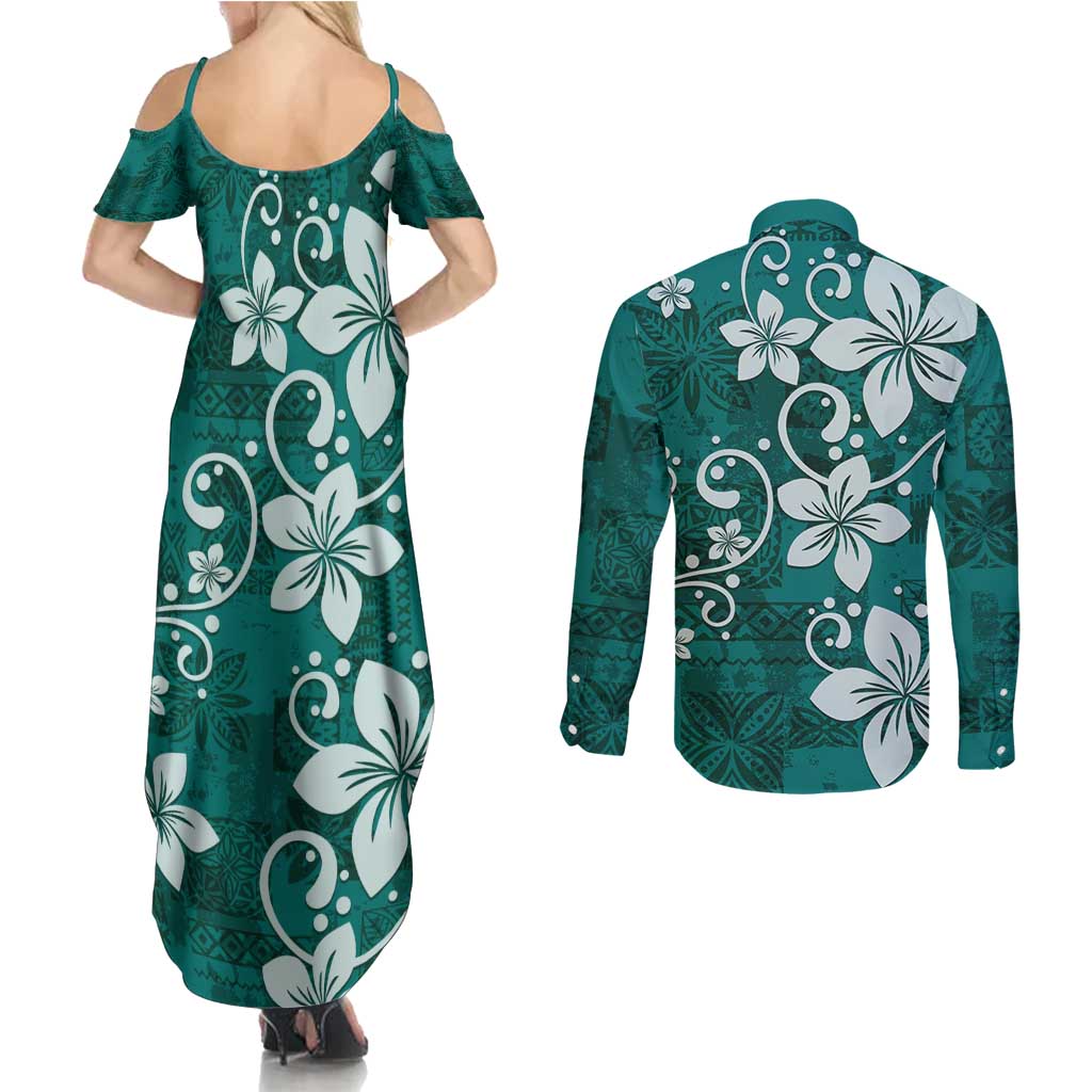 Plumeria Floral Tapa Pattern Crystal Teal Couples Matching Summer Maxi Dress and Long Sleeve Button Shirt