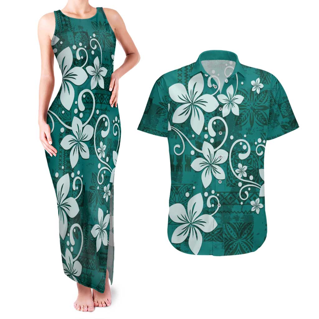 Plumeria Floral Tapa Pattern Crystal Teal Couples Matching Tank Maxi Dress and Hawaiian Shirt