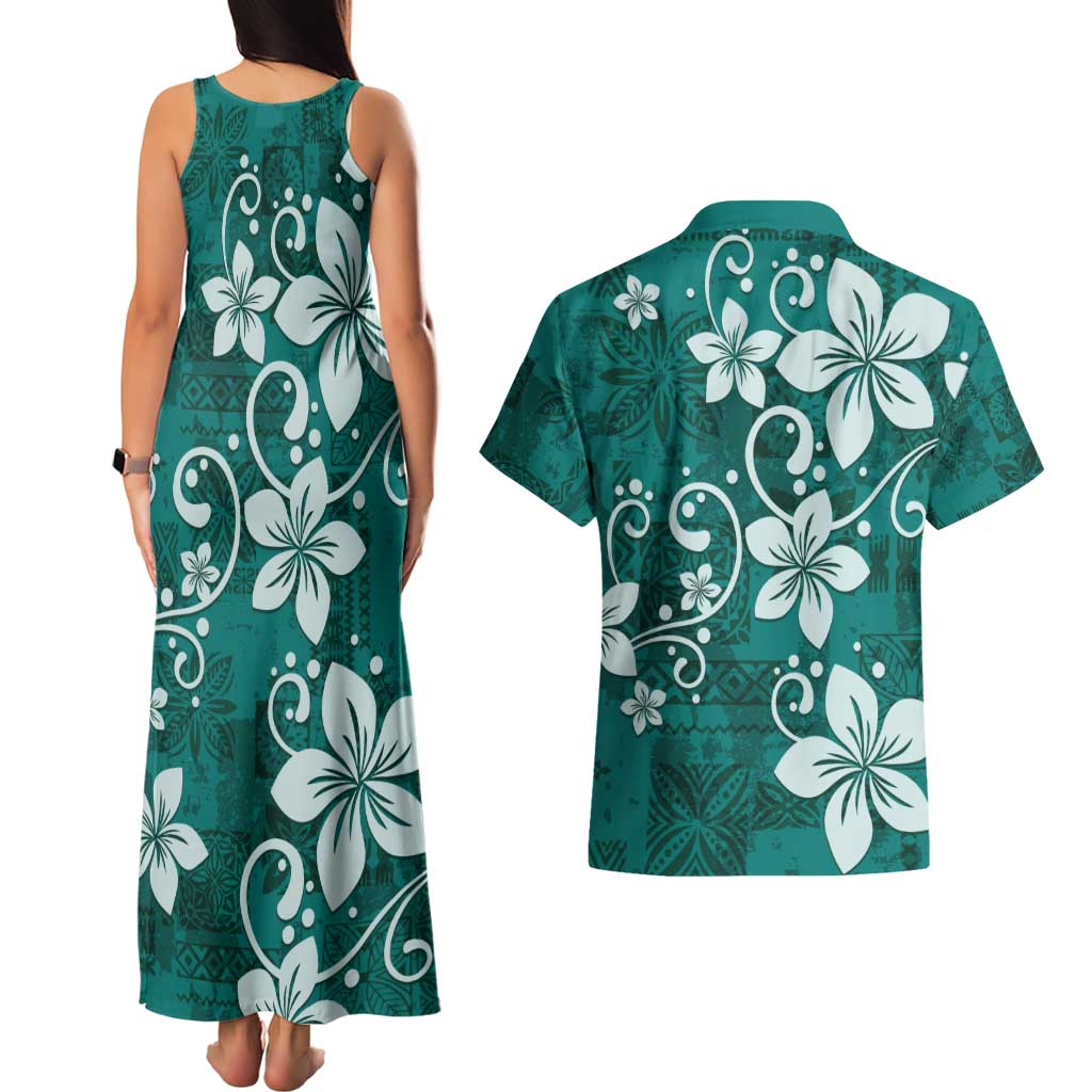 Plumeria Floral Tapa Pattern Crystal Teal Couples Matching Tank Maxi Dress and Hawaiian Shirt