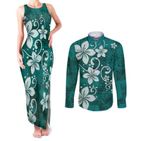 Plumeria Floral Tapa Pattern Crystal Teal Couples Matching Tank Maxi Dress and Long Sleeve Button Shirt