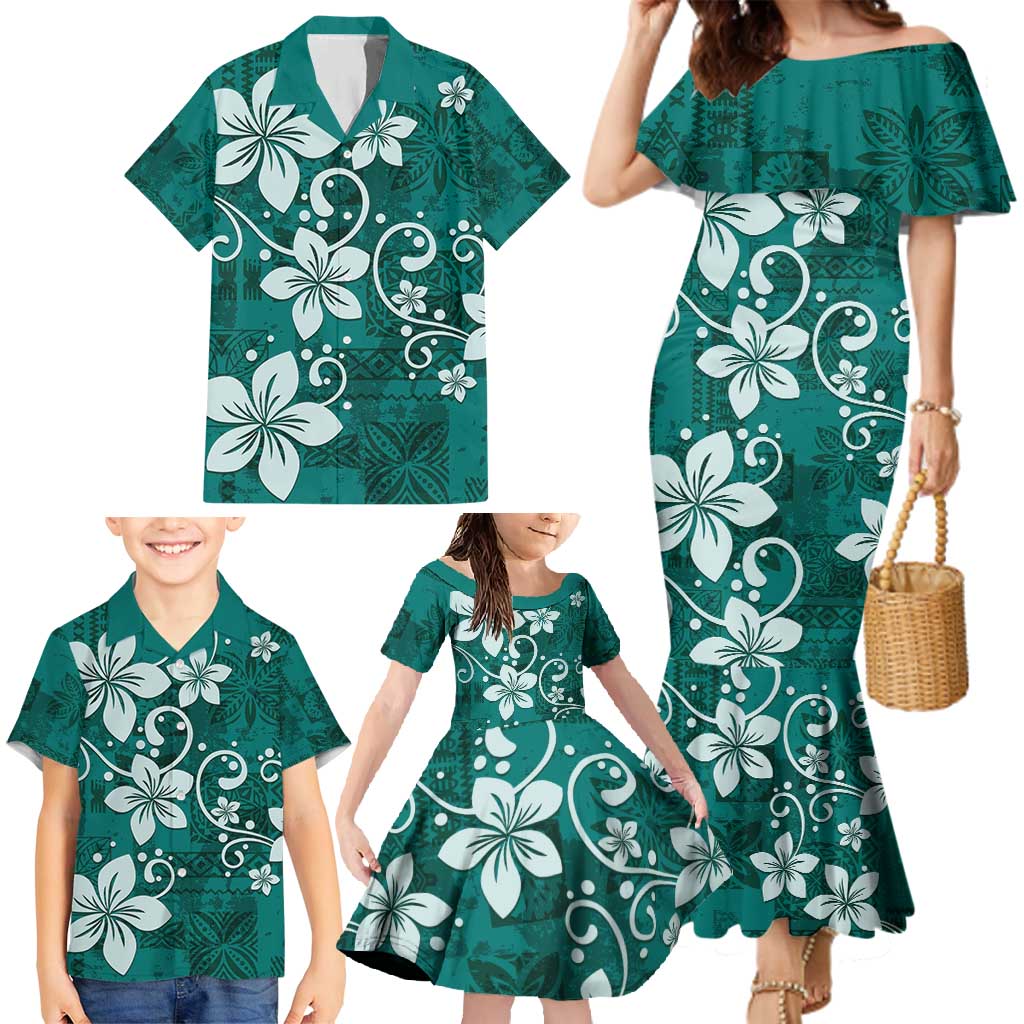 Plumeria Floral Tapa Pattern Crystal Teal Family Matching Mermaid Dress and Hawaiian Shirt LT01 - Polynesian Pride