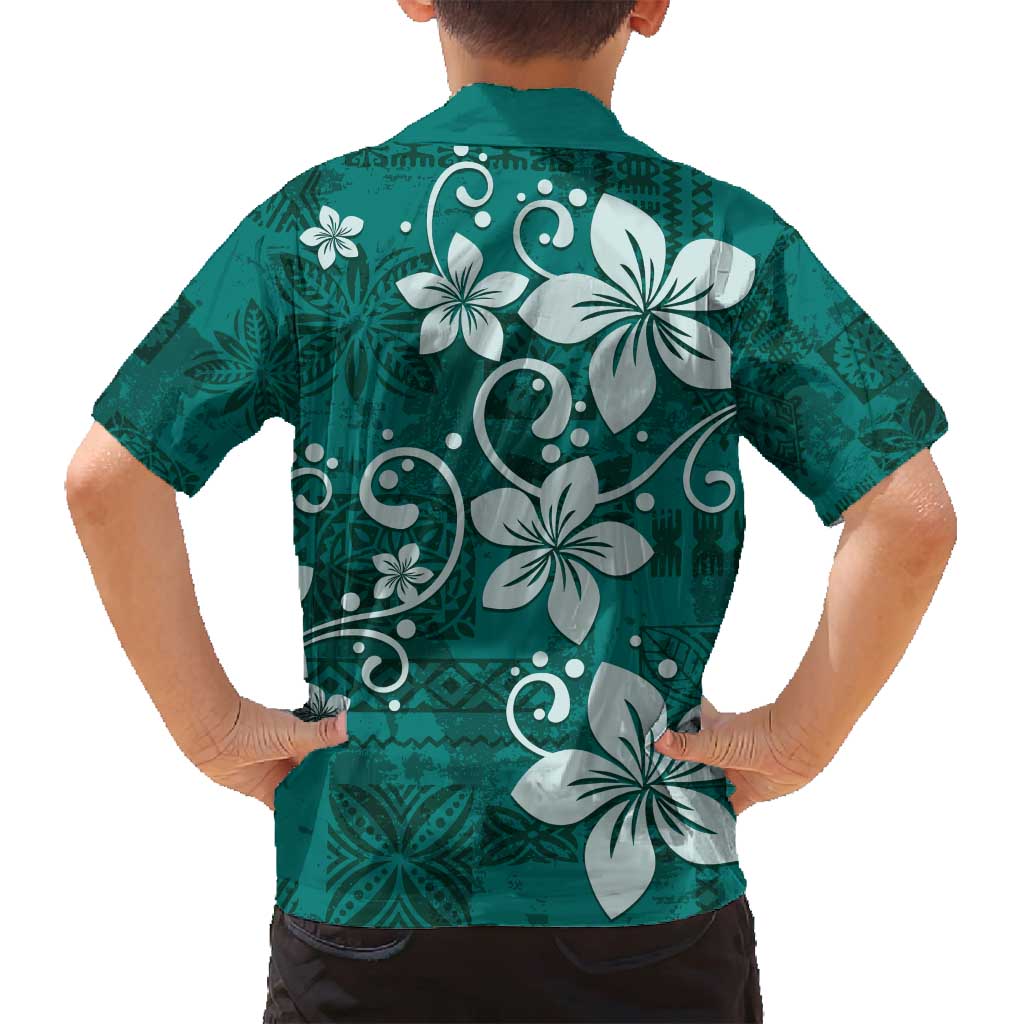 Plumeria Floral Tapa Pattern Crystal Teal Family Matching Off Shoulder Maxi Dress and Hawaiian Shirt LT01 - Polynesian Pride