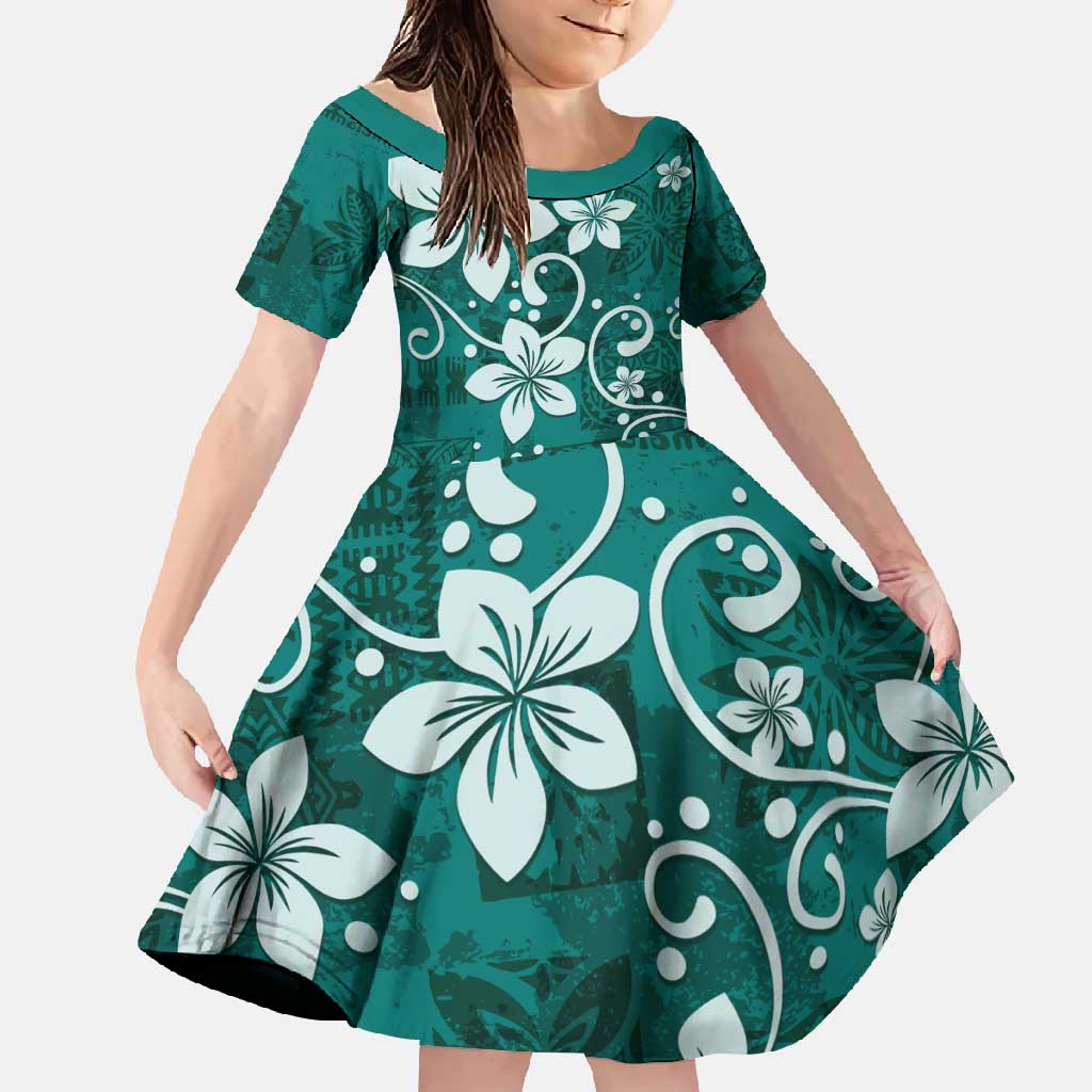 Plumeria Floral Tapa Pattern Crystal Teal Family Matching Off Shoulder Maxi Dress and Hawaiian Shirt LT01 Daughter's Dress Teal - Polynesian Pride