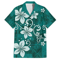 Plumeria Floral Tapa Pattern Crystal Teal Family Matching Off Shoulder Maxi Dress and Hawaiian Shirt LT01 Dad's Shirt - Short Sleeve Teal - Polynesian Pride