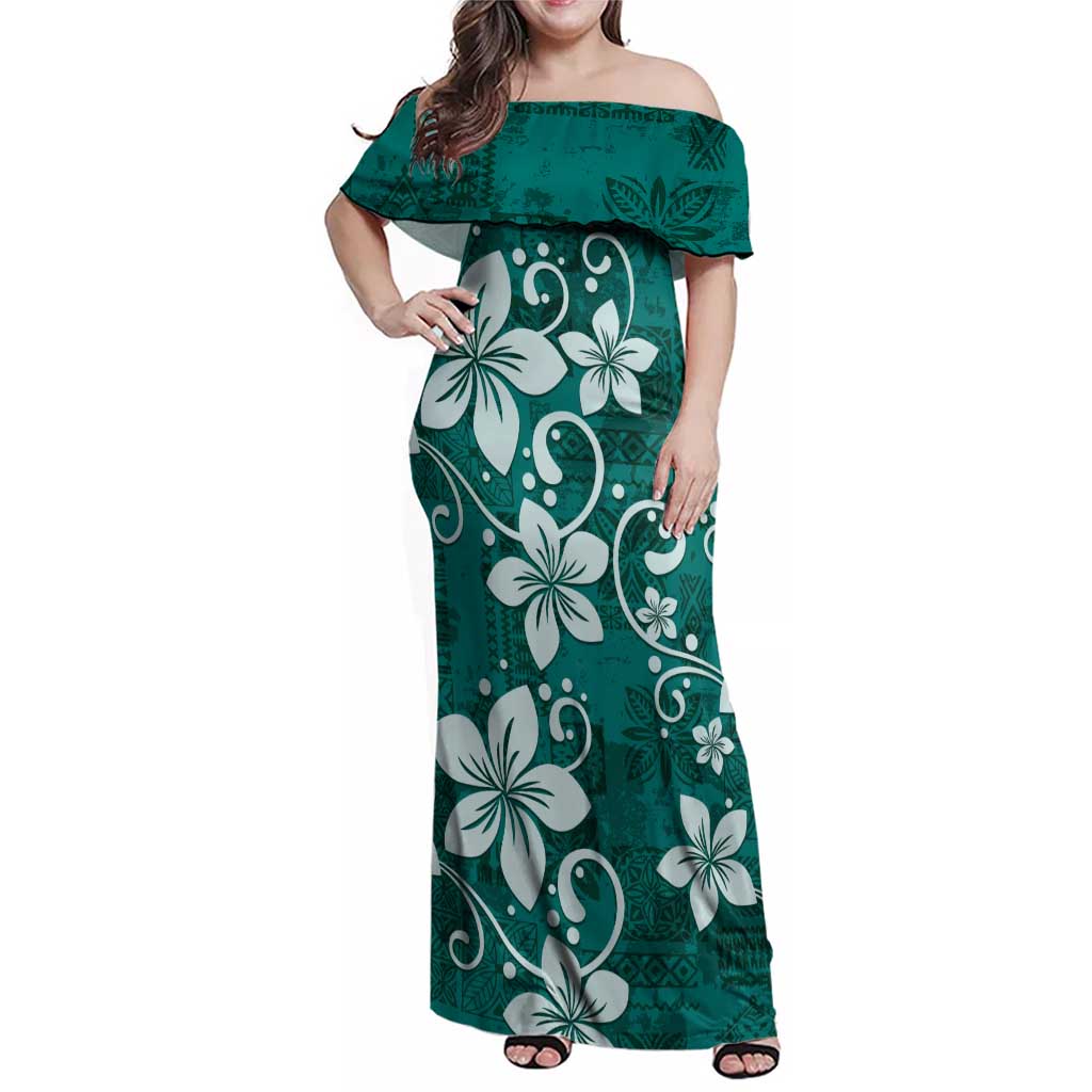 Plumeria Floral Tapa Pattern Crystal Teal Family Matching Off Shoulder Maxi Dress and Hawaiian Shirt LT01 Mom's Dress Teal - Polynesian Pride