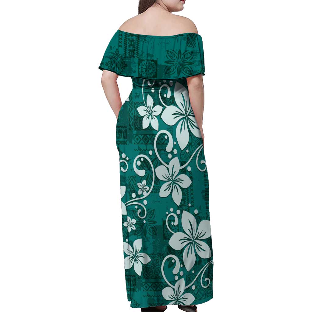 Plumeria Floral Tapa Pattern Crystal Teal Family Matching Off Shoulder Maxi Dress and Hawaiian Shirt LT01 - Polynesian Pride