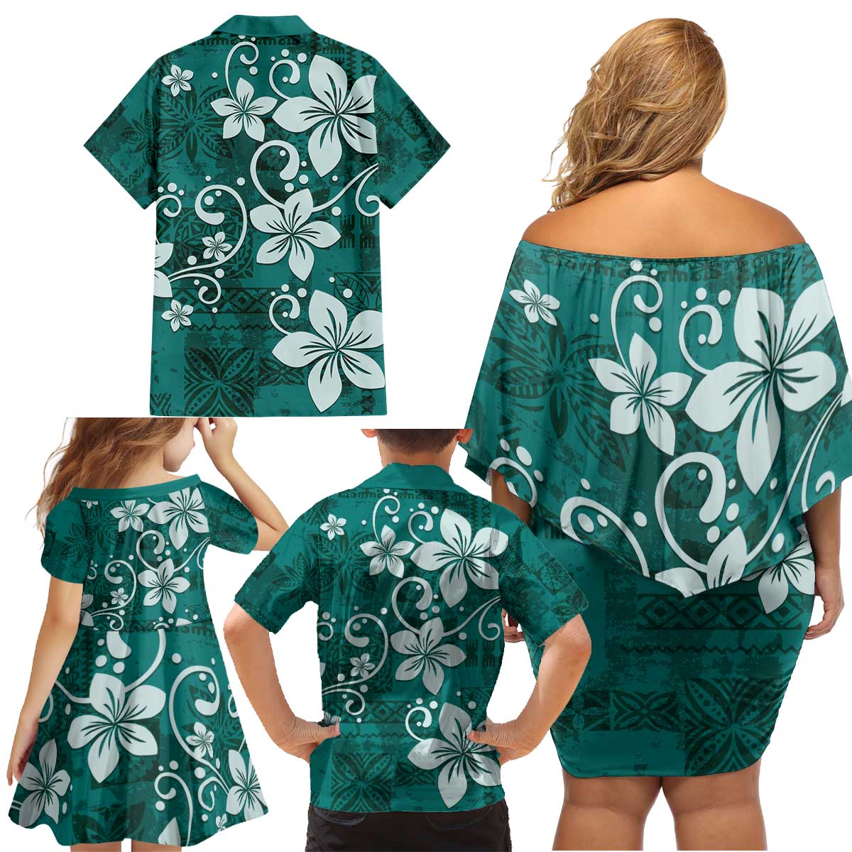 Plumeria Floral Tapa Pattern Crystal Teal Family Matching Off Shoulder Short Dress and Hawaiian Shirt LT01 - Polynesian Pride