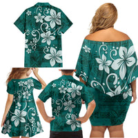 Plumeria Floral Tapa Pattern Crystal Teal Family Matching Off Shoulder Short Dress and Hawaiian Shirt LT01 - Polynesian Pride