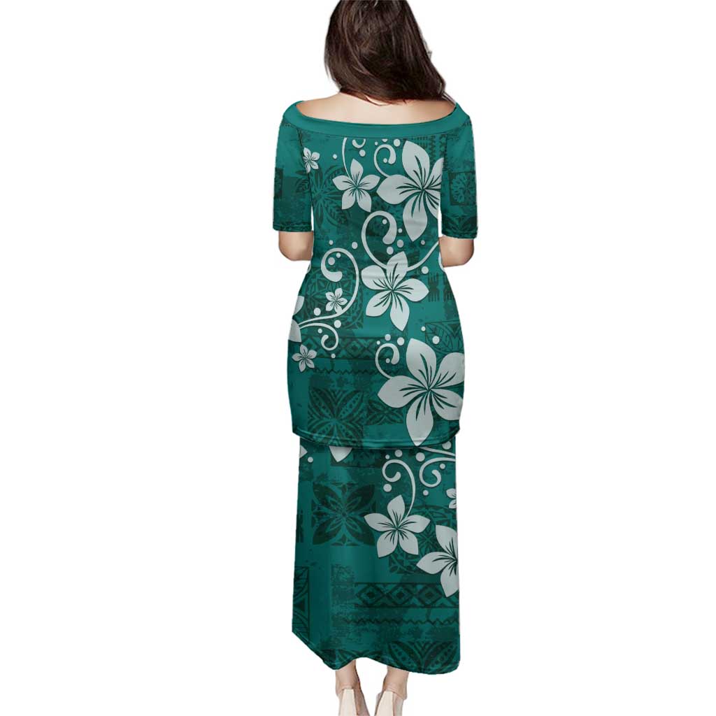 Plumeria Floral Tapa Pattern Crystal Teal Family Matching Puletasi and Hawaiian Shirt LT01 - Polynesian Pride