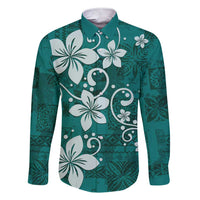 Plumeria Floral Tapa Pattern Crystal Teal Family Matching Short Sleeve Bodycon Dress and Hawaiian Shirt