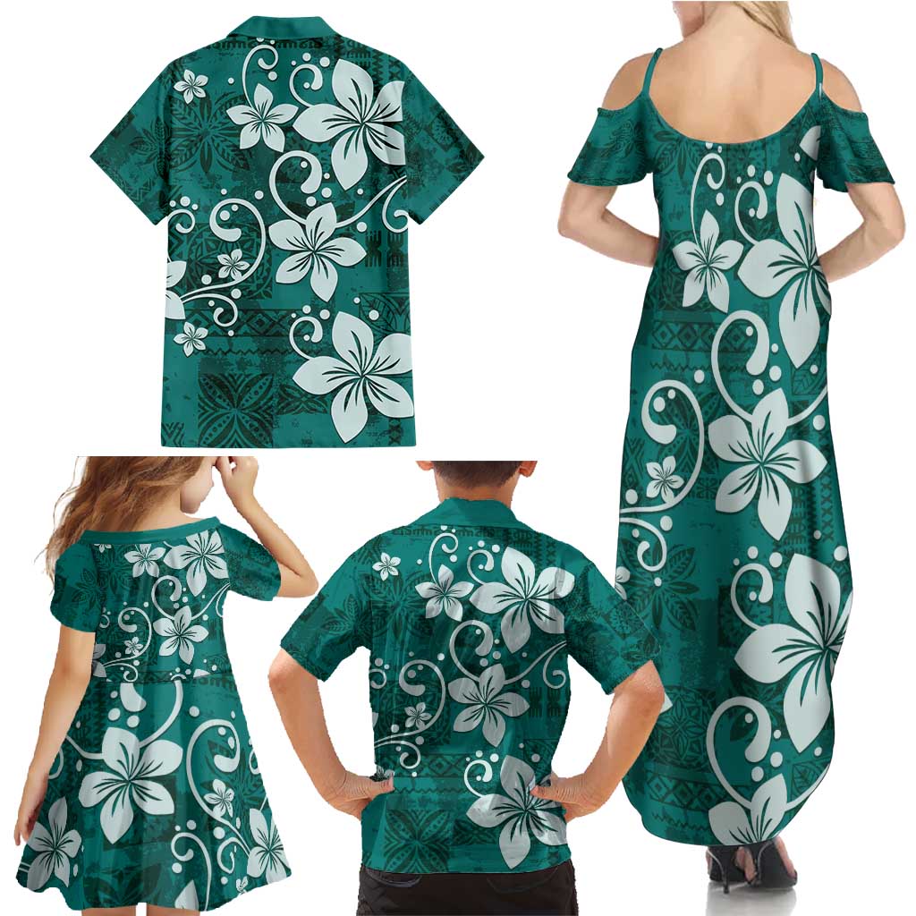 Plumeria Floral Tapa Pattern Crystal Teal Family Matching Summer Maxi Dress and Hawaiian Shirt LT01 - Polynesian Pride